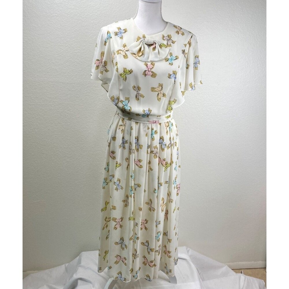Vintage Ms Chaus Dress White Sz 10 Bow  Flutter Sleeves Semi Sheer Secretary Twe